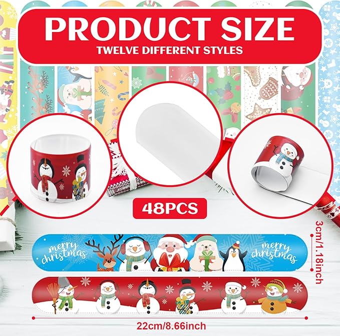 48 Pieces Christmas Slap Bracelets Bulk - 12 Assorted Designs Holiday Snap Bands, Santa Claus, Snowman, Reindeer Themed Party Favors for Kids Adults, Xmas Stocking Stuffers, Classroom Prizes
