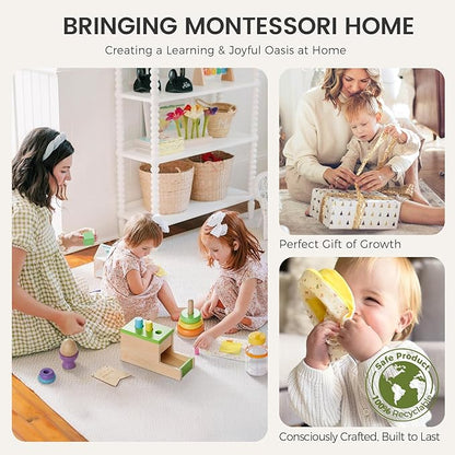 Tiny Land Montessori Toy Set for Babies 1 Year Old Thinker Play Kit- 5-in-1 Wooden Learning Toys with Peg Drop Box, Rocking Stacker, Egg Cup, Canister Set, and Crinkle Bag