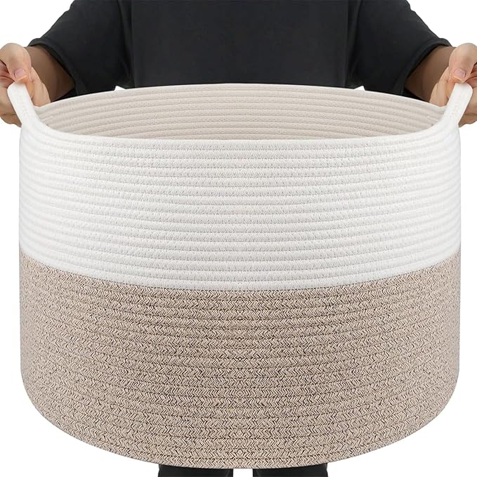 Throw Blanket Basket for Living Room, Extra Large Cotton Rope Basket for Storage, Woven Laundry Towel Hamper with Handles, Baby Toy Storage, 22" x 22" x 14" Pillow Bin