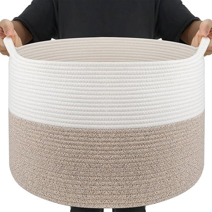 Throw Blanket Basket for Living Room, Extra Large Cotton Rope Basket for Storage, Woven Laundry Towel Hamper with Handles, Baby Toy Storage, 22" x 22" x 14" Pillow Bin