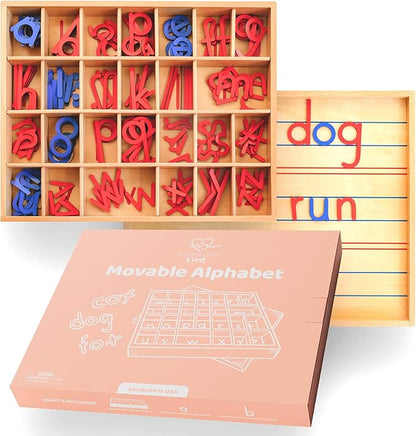 Movable Alphabet Montessori Wooden Letters- Moveable Alphabet with Box Letter Mats - Lower Case Letters - Writing, Reading, Spelling, and Language Learning Materials (Red and Blue)