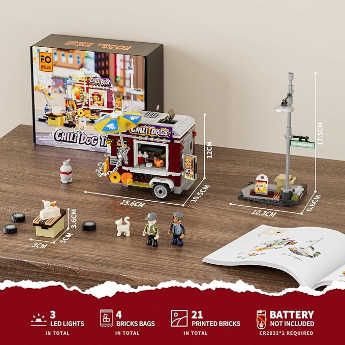 FUNWHOLE Chili Dog Trailer Lighting Building-Bricks Set - City Food Truck Toy Playkit 515 Pcs for Adults and Kids