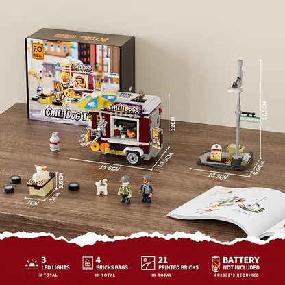 FUNWHOLE Chili Dog Trailer Lighting Building-Bricks Set - City Food Truck Toy Playkit 515 Pcs for Adults and Kids
