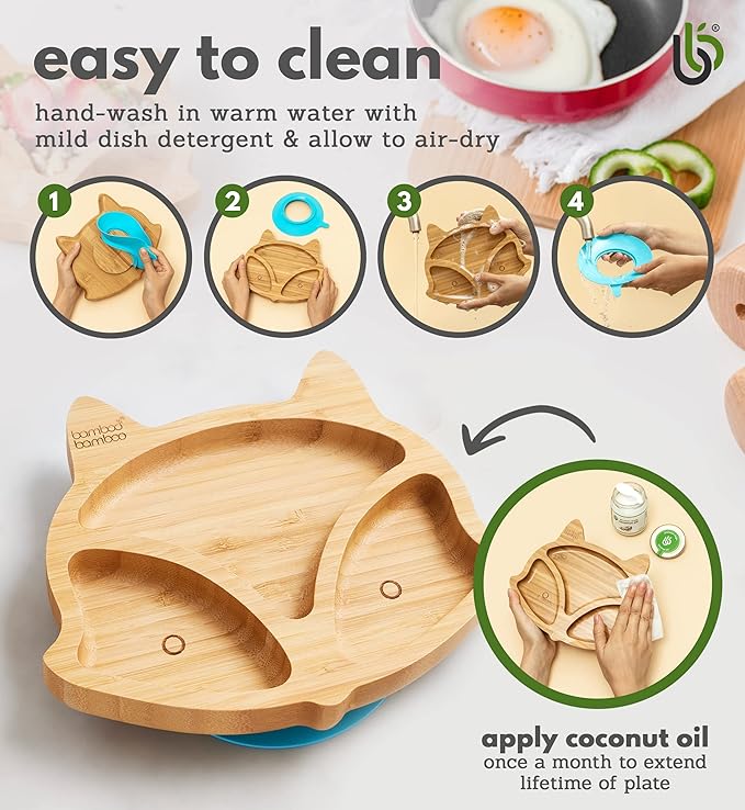 Bamboo Baby Plate with Suction - Kids and Toddler Suction Cup Plate for Babies, Non-Toxic All-Natural Bamboo Baby Food Plate Stays Cool to The Touch for Baby-Led Weaning (Fox-Orange)