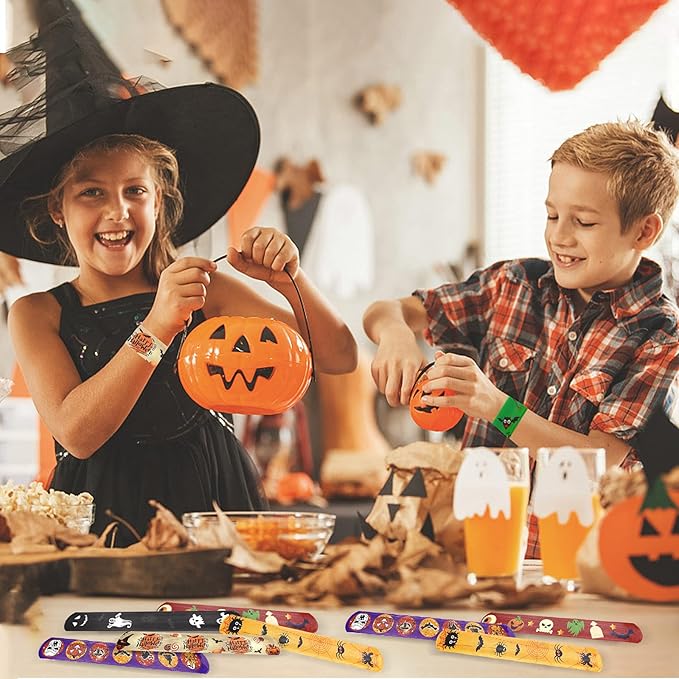 48 PCS Halloween Slap Bracelets for kids bulk, Halloween Snap Bracelets Toys Slap Bracelets Wristbands for Happy Halloween Party Favors