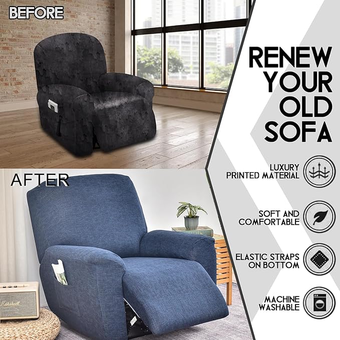 CRFATOP Recliner Chair Slipcovers with Pockets 1Seat Recliner Cover 4-Pieces Fallon Collection Slipcover Lazy Boy Chair Cover for Recliner with Elastic Bottom,47
