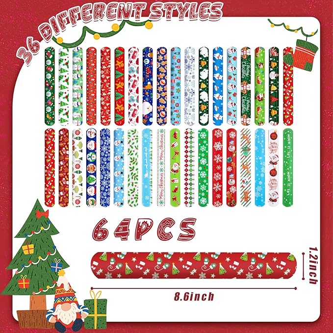 LovesTown 64PCS Christmas Slap Bracelets for Kids, Christmas Snap Bracelets Bulk Christmas Slap Wristbands for Stocking Stuffers Goodie Bag Fillers