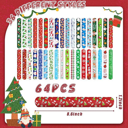 LovesTown 64PCS Christmas Slap Bracelets for Kids, Christmas Snap Bracelets Bulk Christmas Slap Wristbands for Stocking Stuffers Goodie Bag Fillers
