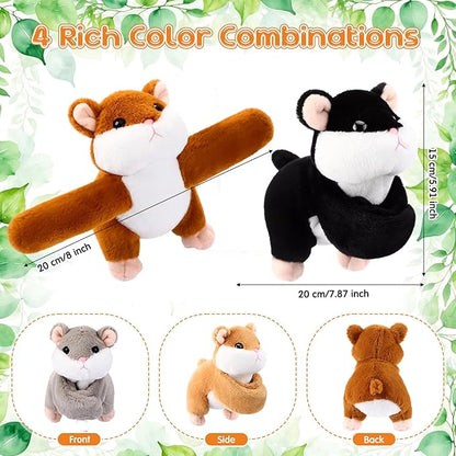 HyDren 4 Pcs Stuffed Animal Slap Bracelets for Kids,8 Inch Plush Snow Leopard Hamster Hugger Slap Bracelets Bulk Toy Hug Snap Wristbands for Girls Boys Birthday Gifts Party Favors (Hamster)