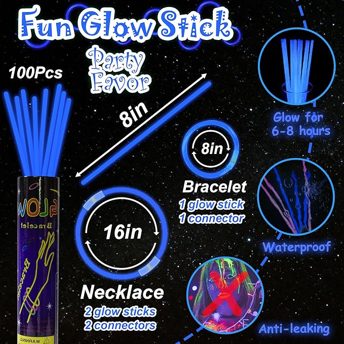 100 pk 8" Glow Sticks Bulk Party Favors, Light up Glow Necklaces & Bracelets in the Dark Party Supplies For Christmas Halloween 4th of July Birthday Neon Party (100 * Blue)