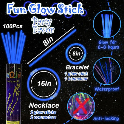 100 pk 8" Glow Sticks Bulk Party Favors, Light up Glow Necklaces & Bracelets in the Dark Party Supplies For Christmas Halloween 4th of July Birthday Neon Party (100 * Blue)