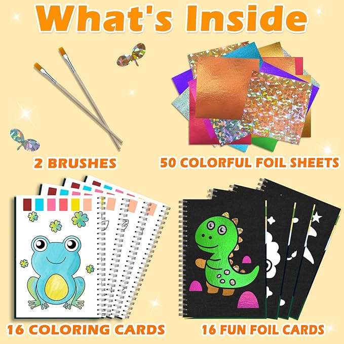 SOOVSY Art & Craft Activity Toys Kit, Foil Animals Crafts Children Fun DIY Creative Toy of The Year, No Mess Art Kits for Kids, Gift for Boys Girls Ages… (Dinosaur&Coloring)