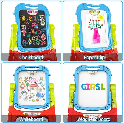 Kids Art Easel, Adjustable Drawing White Board & Chalk Board, Toddler Standing Easel with Painting Accessories, Gift for Girls Boy (Blue)