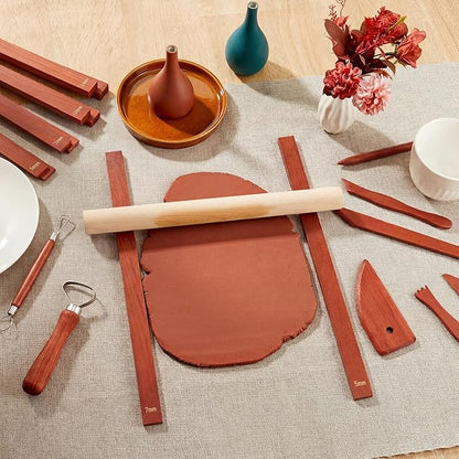Sasylvia 10 Pcs Pottery Rolling Pin Guides Wood Teaching Rolling Mud Stick Guide Set Polymer Clay Depth Guide Pottery Tools Clay Mudboard Tools (5 Size,Reddish Brown)