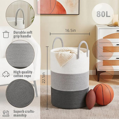 Artfeel Laundry Basket,Woven Cotton Rope Laundry Hamper,80L for Decorative Storage of Dirty Clothes,Toys and Blankets in Bathroom,Bedroom and Living Room