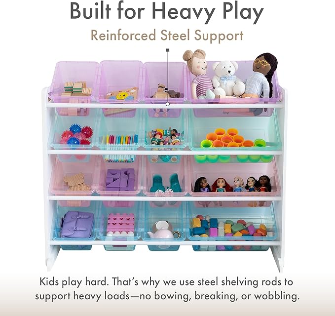 Humble Crew Toy Storage Organizer with 16 Removable Storage Bins for Kids Playroom, 4-Tier Toddler Toy Organization and Storage, White/Purple/Pink/Blue