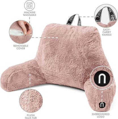 Nestl Fur Reading Pillow, Stylish Back Pillow for Bed Sitting Up, Faux Fur Bed Chair Pillow with Arms, Reading Pillows for Sitting in Bed Adult & Kids, Back Support Pillow for Bed Rest - Peach Beige