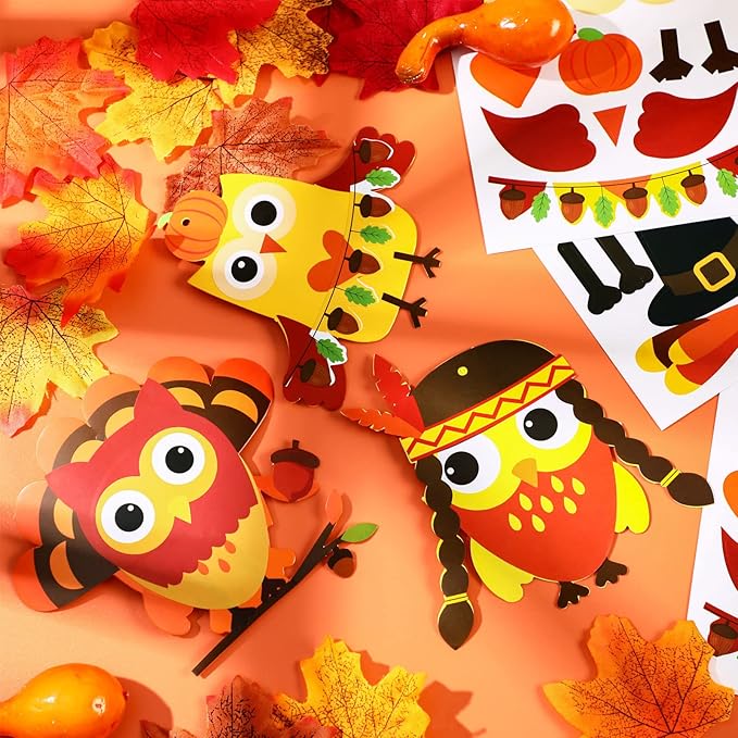 Autumn Thanksgiving Owl Craft Kit for Kids DIY Fall Turkey Day Paper Craft Kits Assorted Owl Shapes Gift with Pumpkins Favors Thanksgiving Day Project Home Classroom Game Activities(24 Sets)
