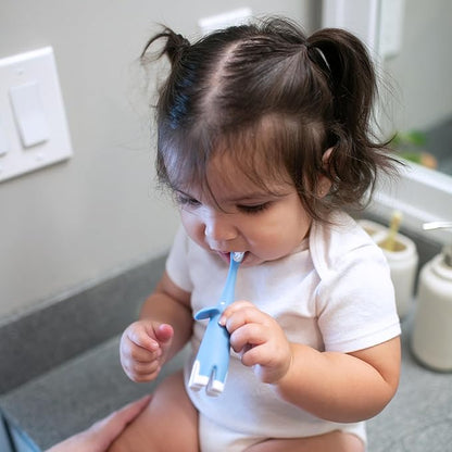 Dr. Brown's Infant-to-Toddler Training Toothbrush Set, Blue Elephant with Fluoride-Free Apple Pear Baby Toothpaste, 0-3 years