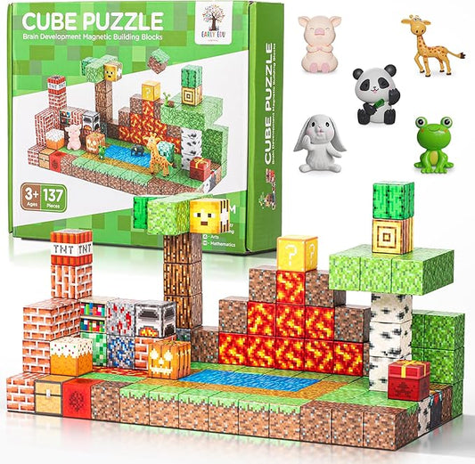 137PCS Magnetic Building Blocks Construction - STEM Magnetic Toys Sensory Set with Animal Figurines & Booklet - 1" Magnet Cube for Boys Girls, Game Based Magnetic Blocks for Kids 3-9