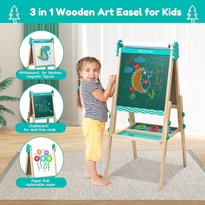 Kids Wooden Easel Foldable Double Sided Whiteboard Blackboard Children Art Easel with Storage, Height Adjustable Easel for Boys Girls Painting and Writing (with Gift Packs)