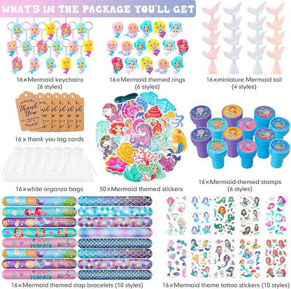 Hungdao 178 Pcs Mermaid Birthday Party Favors for 16 Kids with Keychain Sticker Stamp Ring Slap Bracelet Tattoo Sticker Gift Bag Tag For Summer Swimming pool Beach Party Carnival
