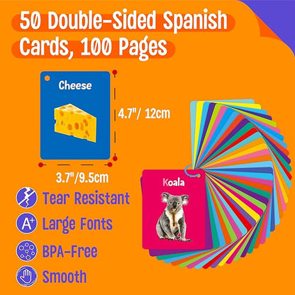 50 PCS Early Learning Flashcards, 7 in 1 Double Sided Cards- Alphabet, Numbers, Foods, Animals, Shapes, Colors with 2 Reclosable Rings, Learning Tool for Pre-K Kindergarten Toddlers