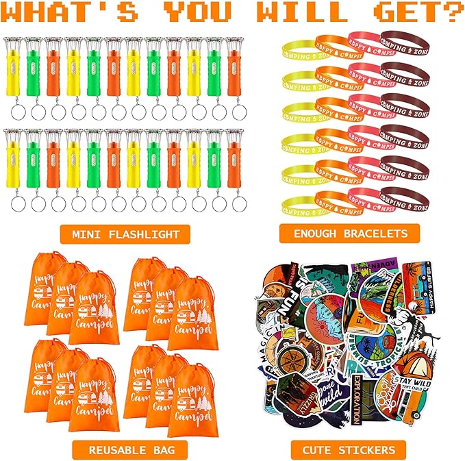 Camping Party Favors Camp Party Gifts Include Camping Themed Silicone Bracelet Mini Flashlight Keychain Assorted Camping Sticker and Gifts Drawstring Bags Camping Party Supplies for Kids (220 Pieces)