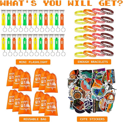 Camping Party Favors Camp Party Gifts Include Camping Themed Silicone Bracelet Mini Flashlight Keychain Assorted Camping Sticker and Gifts Drawstring Bags Camping Party Supplies for Kids (220 Pieces)