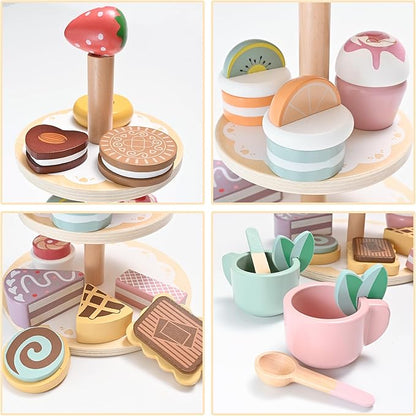 19pcs Wooden Tea Set for Little Girls, Toddler Tea Set Wooden Toys Play Kitchen Accessories with Cupcake Stand & Fake Dessert, Kids Tea Party Set Pretend Play Food Birthday Gift Playset