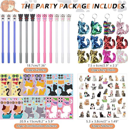 139PCS Cat Party Favors - 12 Cat Stickers 12 Slap Bracelets 12 Cat Ears Headband 12 Cat Animal Mini Notepad 12 Cat Face Pen 12 Cat Keychain 12 Cat Favor Bag 42 cat stickers for Cat Party Supplies