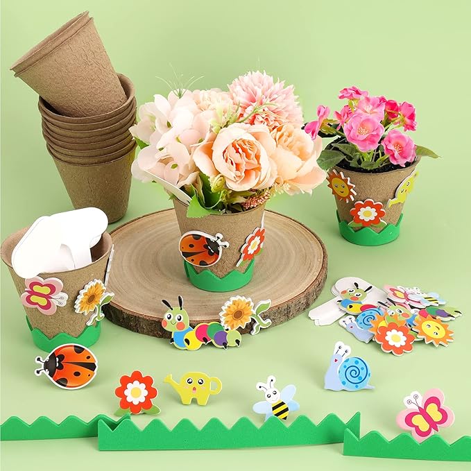 Ayfjovs Garden Paper Pot Craft Kit 55 Pack Flower Plant Spring Craft for Kids with 200 PCS Adhesive Foam Stickers and 55 PCS Plastic Plant Labels for Kids Garden, DIY and Early Education