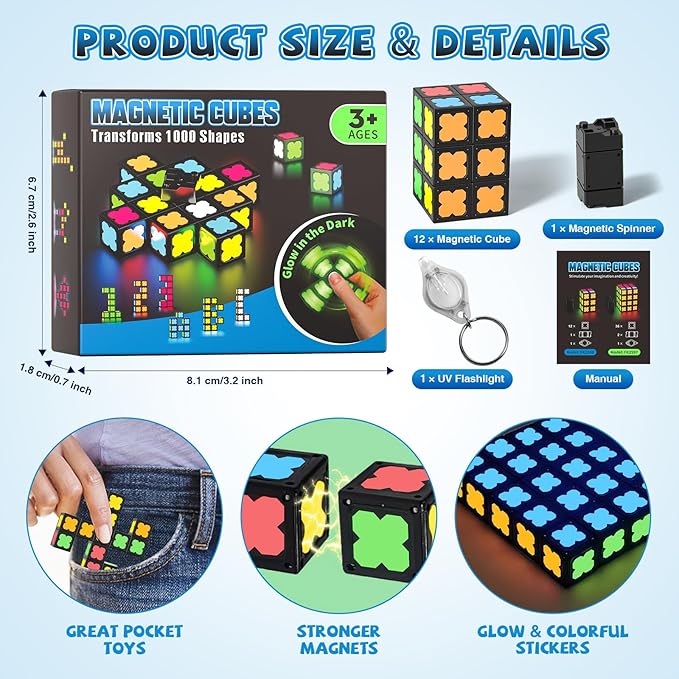 Magnetic Fidget Spinner Mini-13 Blocks, Glow Magnet Cube & Transformable Fidget Spinner & Infinity Cube & 2x2x2 Cube-4 in 1 Toy, STEM Magnetic Tiles Stress Relief Sensory Gift for Kid Boy Girl Adult