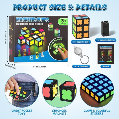 Magnetic Fidget Spinner Mini-13 Blocks, Glow Magnet Cube & Transformable Fidget Spinner & Infinity Cube & 2x2x2 Cube-4 in 1 Toy, STEM Magnetic Tiles Stress Relief Sensory Gift for Kid Boy Girl Adult