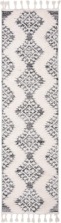 SAFAVIEH Moroccan Tassel Shag Collection Runner Rug - 2'3" x 6', Ivory & Grey, Boho Design, Non-Shedding & Easy Care, 2-inch Thick Ideal for High Traffic Areas in Living Room, Bedroom (MTS652F)