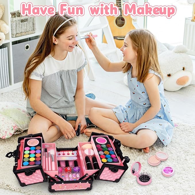 Hollyhi 59Pcs Kids Makeup Kit for Girl, Washable Play Makeup Toys Set for Dress Up, Beauty Vanity Set with Cosmetic Case Birthday Toys for Girls 3 4 5 6 7 8 9 10 11 12 Year Old Kids Toddlers ( Pink )