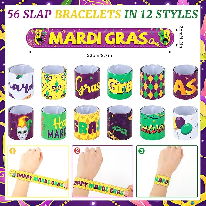 JUNEBRUSHS 56Pcs Mardi Gras Slap Bracelets, Mardi Gras Bracelets Bulk Carnival Wristbands for Kids Aldults Mardi Gras Party Favors Accessories Gifts Mardi Gras Throws for Bag Stuffers Fillers