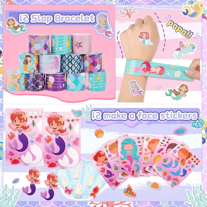 132Pcs Mermaid Party Favors, Mermaid Party Supplies for Girls Include Keychains, Slap Bracelets, Rings, Clips, Stampers, DIY Sticker, Stickers, mermaid goodie bags, Perfect for mermaid give away gift