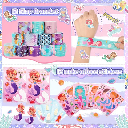 132Pcs Mermaid Party Favors, Mermaid Party Supplies for Girls Include Keychains, Slap Bracelets, Rings, Clips, Stampers, DIY Sticker, Stickers, mermaid goodie bags, Perfect for mermaid give away gift