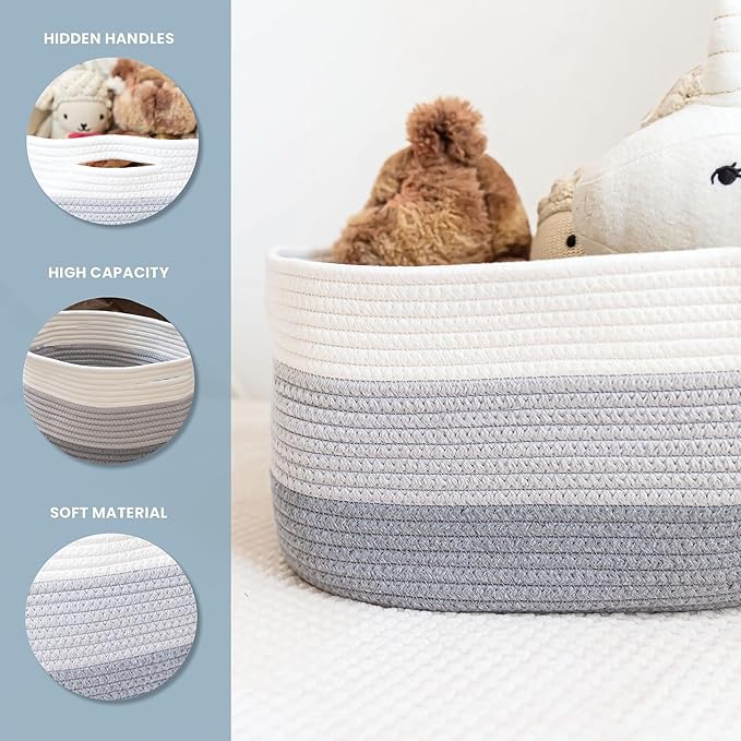 OrganiHaus Rope Baskets for Shelves - Set of 3 Woven Storage Baskets for Organizing, Closet & Toy Storage - 3-Toned Gray - 15x9x10