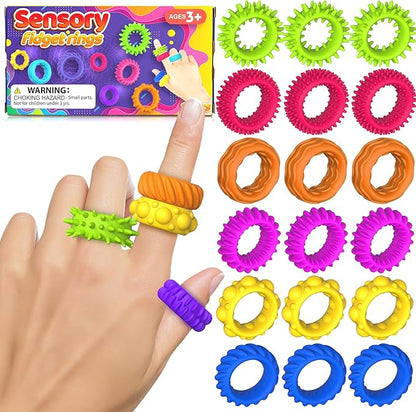 Fidget Toys Sensory Rings for Kids: Quiet Textured Ring 18 Pack - Sensory Toys for Kids with Autism - Calming Corner Bulk Fidgets for Classroom Prize - Party Favors Goodie Bag Fillers