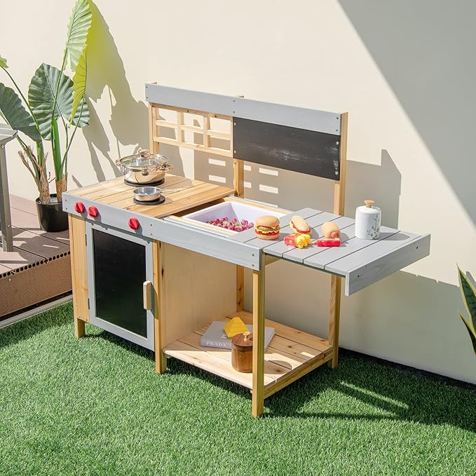 Costzon Mud Kitchen for Kids Outdoor, Wooden Pretend Play Kitchen with Removable Sink, Stoves, Storage Shelf, Toddler Backyard Toy Kitchen Set, Kids Kitchen Set for Boys Girls Age 3+