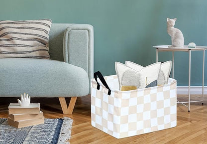 MAIZMZ Beige Check Storage Basket Baby Toys Organizer Bins Decorative Gifts Bakset Waterproof Nursery Hamper Women Storage Cube Kids Laundry Basket for Home/Dorm/Kitchen/Pet/Office/Closet/Shelf/