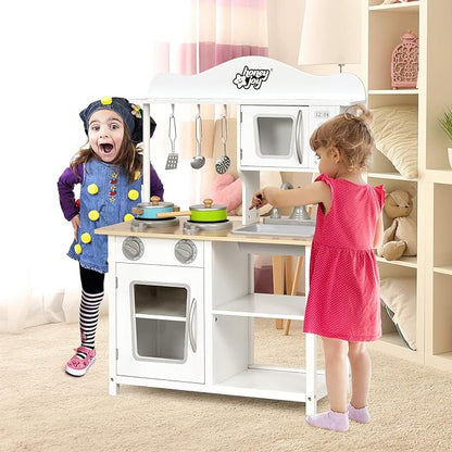 HONEY JOY Kids Wooden Kitchen Playset with Microwave, Sink, Stove & Oven, Cooking Accessories, Storage Shelf, Pretend Play Toy Kitchen Set, Gift for Boys Girls