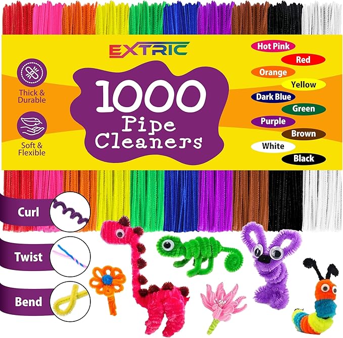 Pipe Cleaners Craft - 1000 Pcs Multi-Colored Chenille Stems, 6mm x 12 Inch Fuzzy Sticks, 10 Assorted Colors for DIY Arts and Craft Projects and Decorations