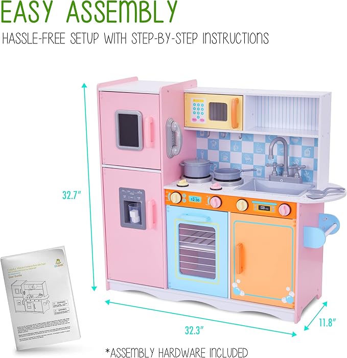 Lil' Jumbl Kids Kitchen Set, Pretend Wooden Play Kitchen with Chalk Board, Play Phone, Towel Rack & Ice Dispenser, Clicking Knobs, Pots & Utensils Included - Colorful