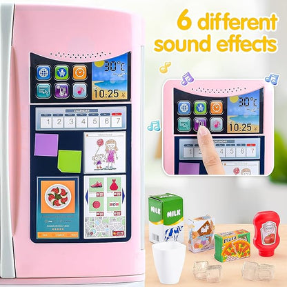 PLAY Kids Kitchen Refrigerator with Ice Dispenser, Pretend Play Fridge Kitchen Set for Toddlers, Toy Kitchen Appliance Accessories for Girl Boy Christmas Birthday Gift Age 1-3 4-8, Pink