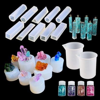 Woohome 24PCS Iceberg Crystal Resin Silicone Mold Set Include 8PCS Resin Crystal Silicone Molds 10 PCS Strip Resin Molds, 4 Color Fine Glitter for Resin Tray Decoration, Home Decoration