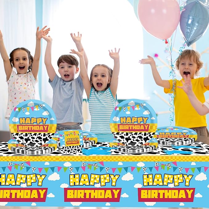 Cartoon Story Birthday Party Supplies Cow Print Party Tableware Includes Cartoon Story Party Plates Napkins Fork and Blue Sky White Clouds Tablecloth for Baby Show Parties Decorations Set Serve 20