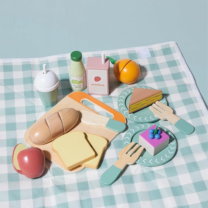 21pcs Wooden Play Food Set for Kids Kitchen, Cutting Pretend Play Toy Picnic Playset with Food, Fruit, Juice and Bag, Toddler Toy Food Play Kitchen Accessories Boys & Girls Birthday Gift